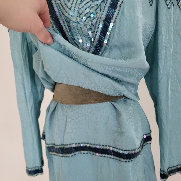 *Free With Purchase* 80’s D'ore shift dress midi turquoise beaded sequins - Picture 7 of 12